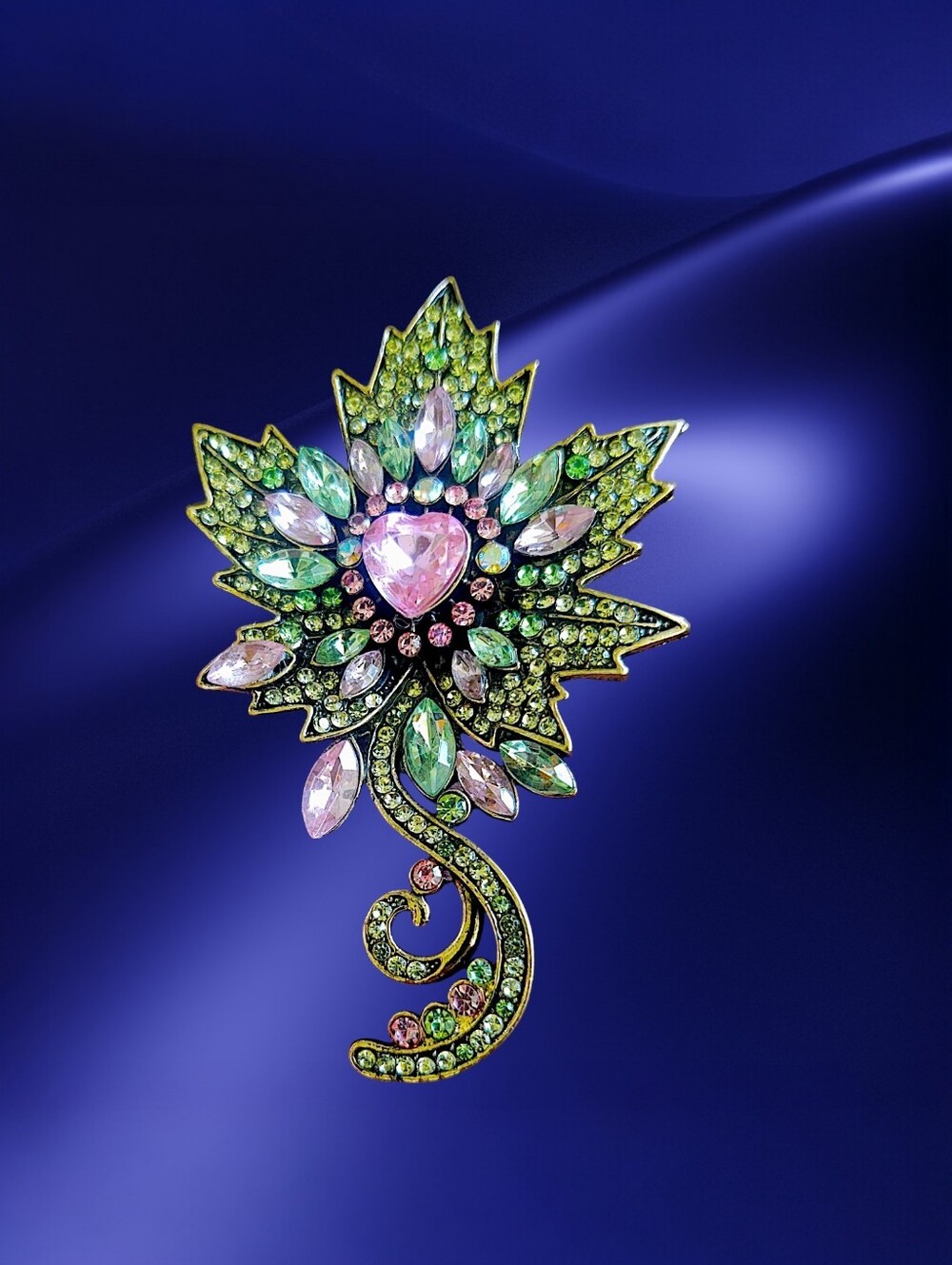 Green and Pink Crystal Leaf Brooch